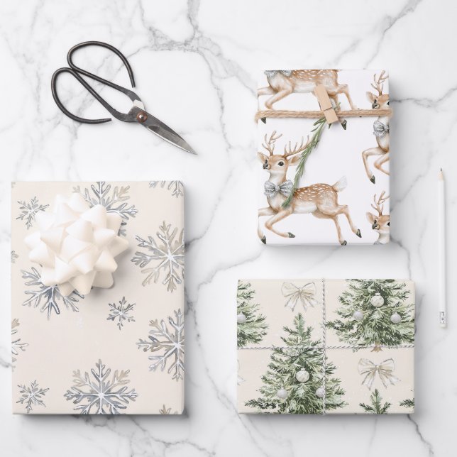 Reindeer Silver Snowflakes Christmas Trees Geschenkpapier Set (Vorderseite)