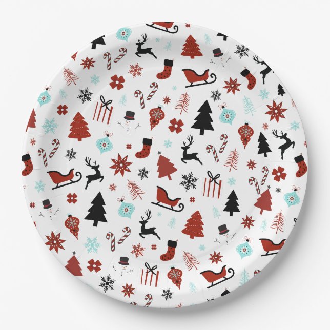 Reindeer Sleigh Christmas Pine Trees Pappteller (Vorderseite)