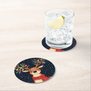 Reindeer Starry Christmas Twinkle Night Runder Pappuntersetzer