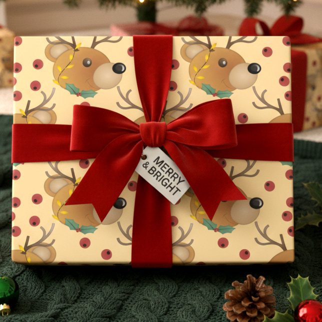 Reindeer Teddy Bear With Lights Beige Christmas Geschenkpapier (This bear’s got antlers, mistletoe, and three festive colors. Beige, green, or maroon. You choose.)