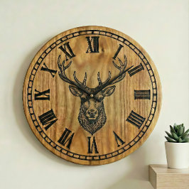 Reindeer Wall Clock - Wooden Style Design Große Wanduhr