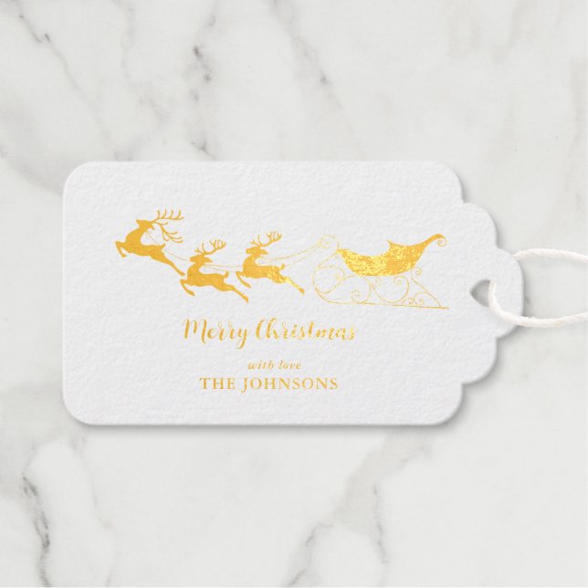Reindeers & Sleigh Goldfolie Weihnachten Geschenkanhänger (Vorderseite (Horizontal))