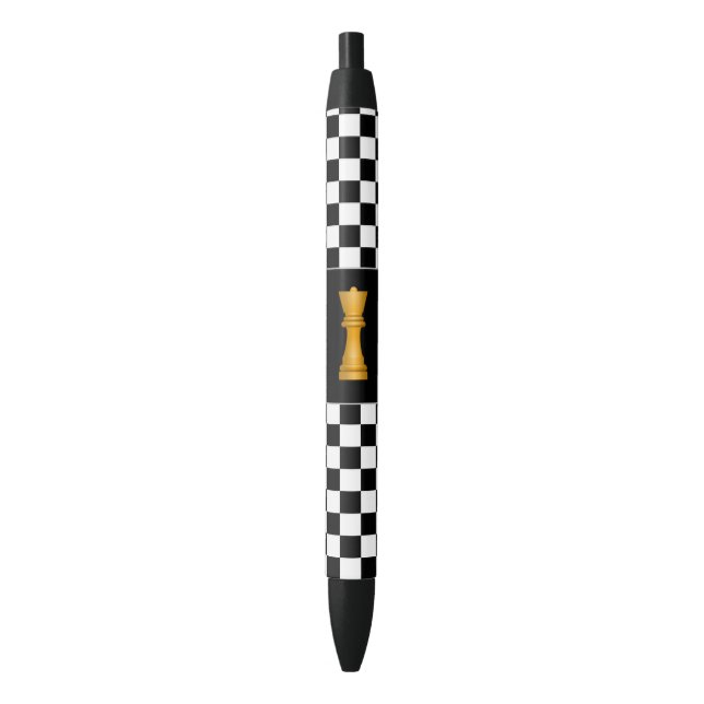 Reine d'or sur stylo Motif d'échecs noir et blanc (devant Vertical)