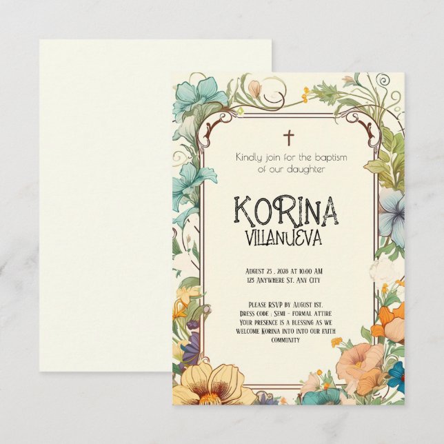 Reine Eleganz: Cream & Green Simple Floral Baptiss Einladung (Vorne/Hinten)