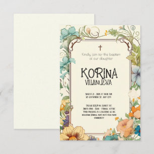 Reine Eleganz: Cream & Green Simple Floral Baptiss Einladung
