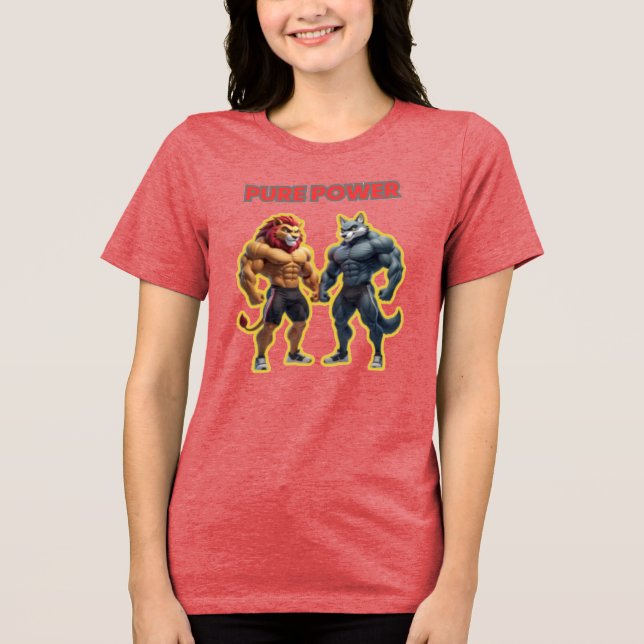 Reine Kraft – Starkes Tiermuskel-Cartoon-Design Tri-Blend Shirt (Vorderseite)