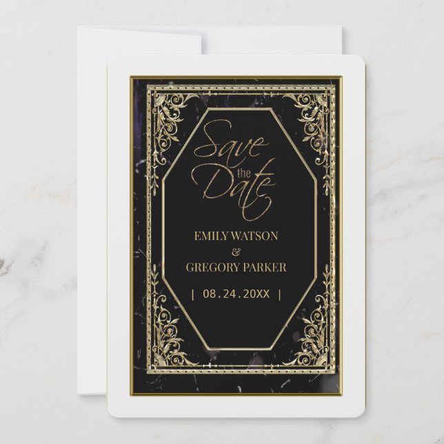 Reine schwarze und goldene Eleganz Save The Date (Vorderseite)