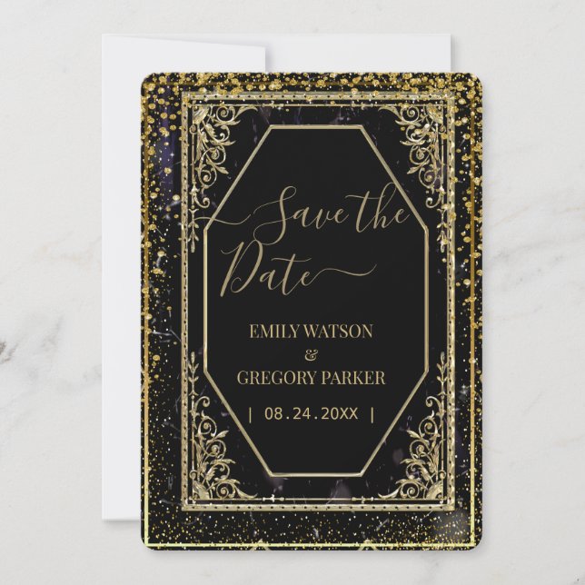 Reine schwarze und goldene Eleganz Save The Date (Vorderseite)
