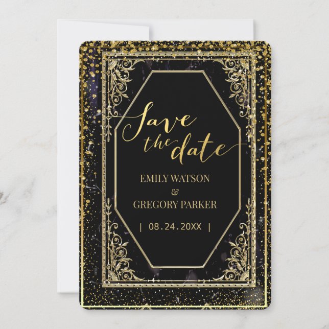 Reine schwarze und goldene Eleganz Save The Date (Vorderseite)