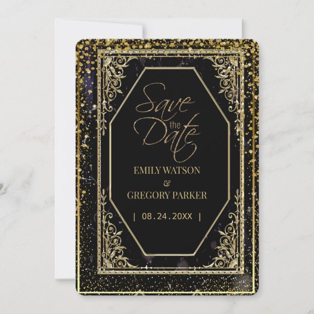 Reine schwarze und goldene Eleganz Save The Date (Vorderseite)