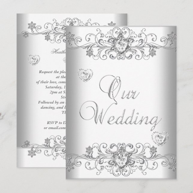 Reine weiße Hochzeit Silver Diamond Herz Einladung (Vorne/Hinten)