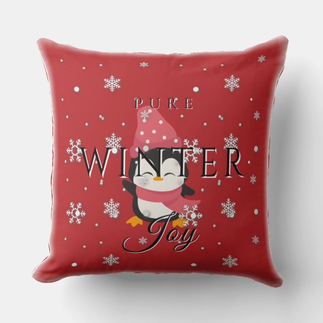Reine Winterfreude mit Pinguin und Schnee Kissen (Vorderseite)