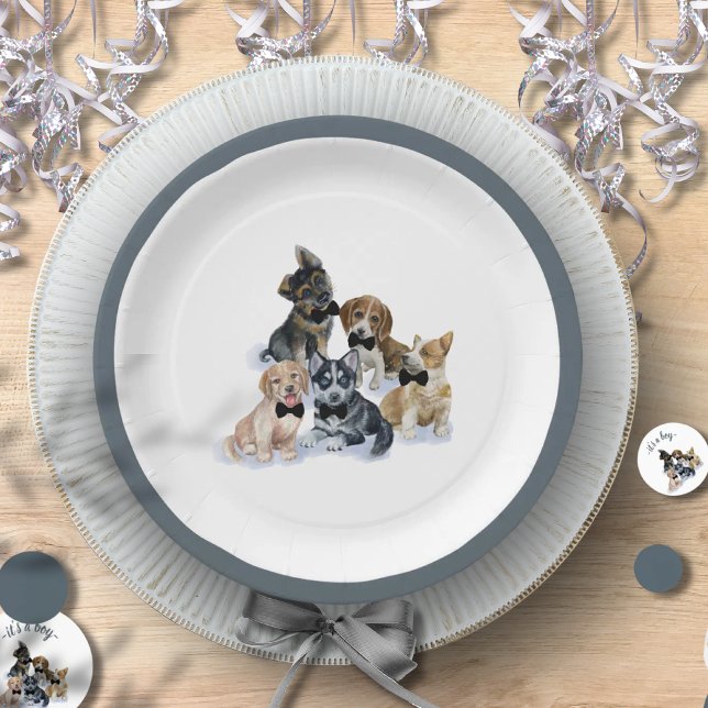 Reiner Welpe | Schwarze Krawatte Elegante Niedlich Pappteller (Pure Puppy | Black Tie Elegant Cute Baby Shower Paper Plates)