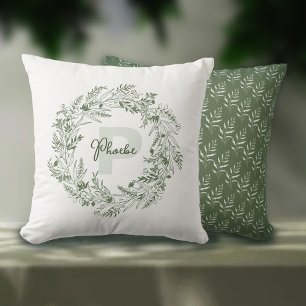 Reines botanisches Grün-Monogramm P Kissen