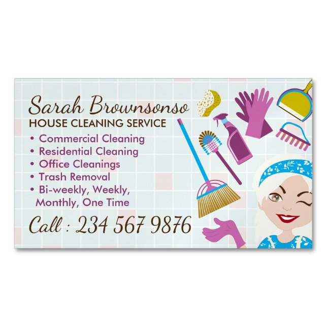 Reinigung Blonde Janitorial Lady Tile waschen Magnetische Visitenkarte (Vorderseite)