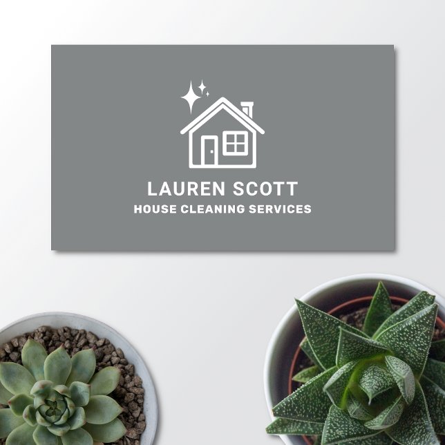 Reinigung des Hauses Einfach Minimalistisch grau Visitenkarte (House cleaning business card on a light background with potted plants. )