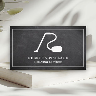 Reinigung von weißem Staubsauger mit Khalkboard Visitenkarte