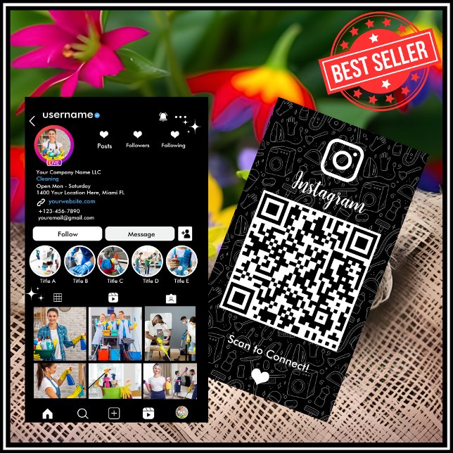 Reinigungscode Instagram Black Housekeeping QR Cod Visitenkarte (Von Creator hochgeladen)