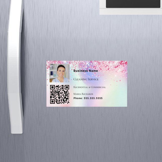 Reinigungsdienst Foto QR-Code holografisch rosa Magnetische Visitenkarte (Von Creator hochgeladen)