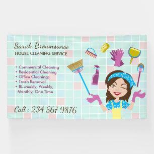 Reinigungsdienst Reinigungsdame Cartoon Werkzeuge Banner