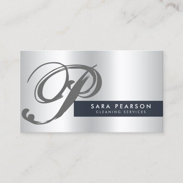 Reinigungsdienste Silver Monogram Business Card Visitenkarte (Vorderseite)