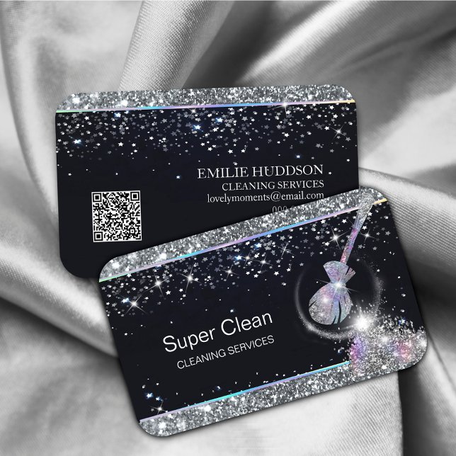Reinigungshaus Sparkling Holograph QR-Code Visitenkarte (a symbol of trust and quality in-home cleaning #maid #holograph #sparkles #glittersilver)