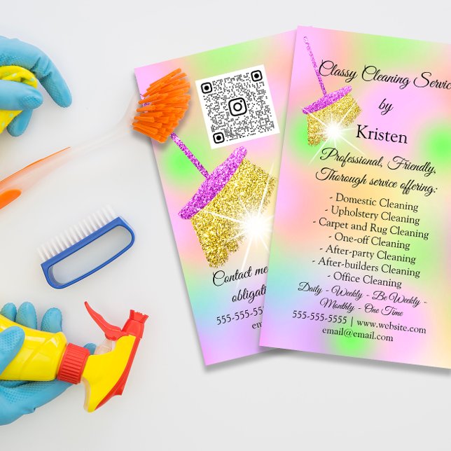 Reinigungsservice-Haus Behaltend QRCode-Logo-Berei Visitenkarte (Cleaning Services Holograph QR CODE PINK GOLD FLORENCEK)