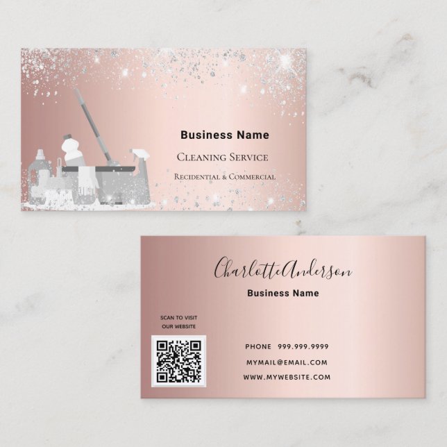 Reinigungsservice Rose Gold Silber Glitzer Staub Q Visitenkarte (Vorne/Hinten)