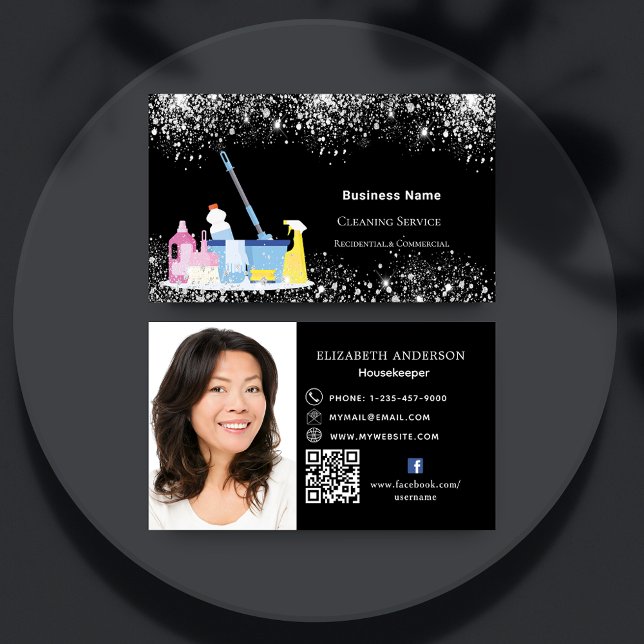 Reinigungsservice Schwarzer Glitzer QR Foto Premiu Visitenkarte (Von Creator hochgeladen)