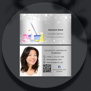 Reinigungsservice Silber Glitzer QR Foto Premium Visitenkarte