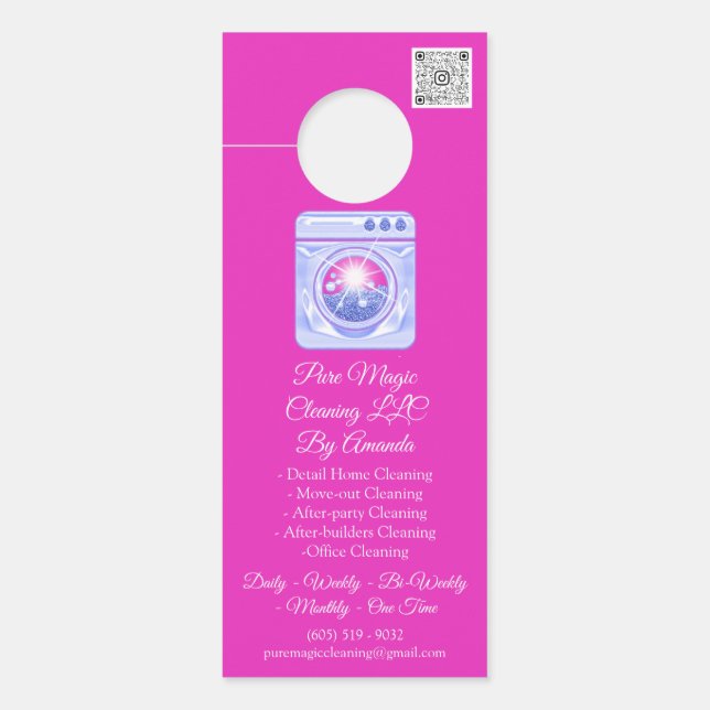 Reinigungsservice Wäsche waschen QRCode Pink Blau Türanhänger (Vorderseite)