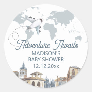 Reise-Abenteuer-Weltkarte Flugzeug Baby Shower Runder Aufkleber