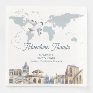 Reise-Abenteuer-Weltkarte Flugzeug Baby Shower Serviette