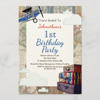 Reise Baby Shower mit alten Flugzeugen und Wolken Einladung