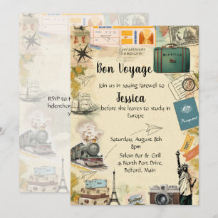 Reise-Collage im Vintage-Stil, Abschiedsfeier-Einl Dankeskarte