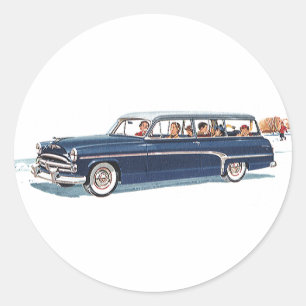 Reise im Retro-Stil, Familienurlaub in einem Kombi Runder Aufkleber