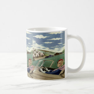 Reise im Vintage-Stil, elegante Frau im Cabrio Kaffeetasse