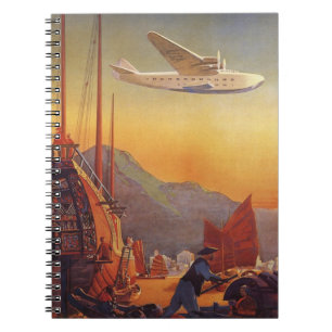 Reise im Vintage-Stil, Flugzeug über Dschunken in  Notizblock