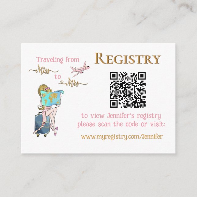 Reise Miss zu Mrs. Brautparty Registry QR Begleitkarte (Vorderseite)