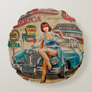 Reise mit dem Auto durch Amerika Vintage Poster. 6 Rundes Kissen