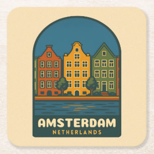 Reise nach Amsterdam Niederlande Retro Landschaft Rechteckiger Pappuntersetzer