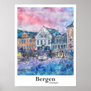 Reise nach Bergen Norwegen Wasserfarben-Skizze Han Poster