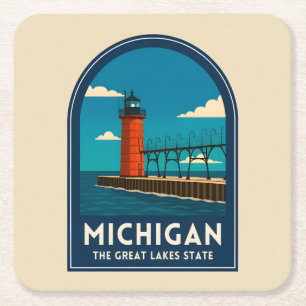 Reise nach Michigan im Vintage-Stil: Leuchtturm, R Rechteckiger Pappuntersetzer