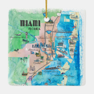 Reise-Plakat-Karte USA Florida mit Höhepunkten un Keramikornament