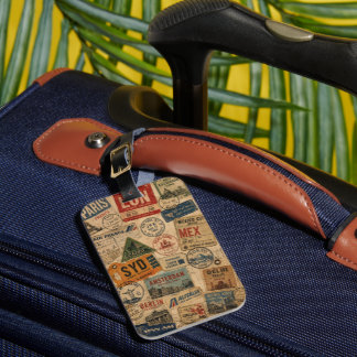Reise-Stempel-Collage-Gepäckanhänger im Vintage-St Gepäckanhänger