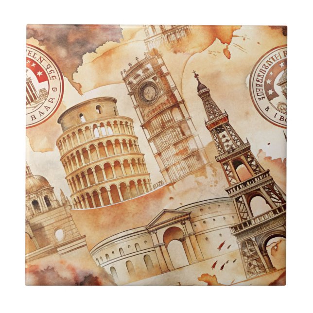 Reise-Stempel-Muster im Vintage-Stil (9) Fliese (Vorderseite)