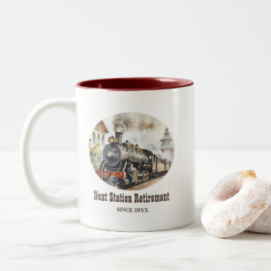 Reise-Themen-Party-Zug zum Ruhestand Nächste Stati Zweifarbige Tasse