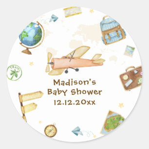 Reise um die Welt Flugzeug Baby Shower Runder Aufkleber