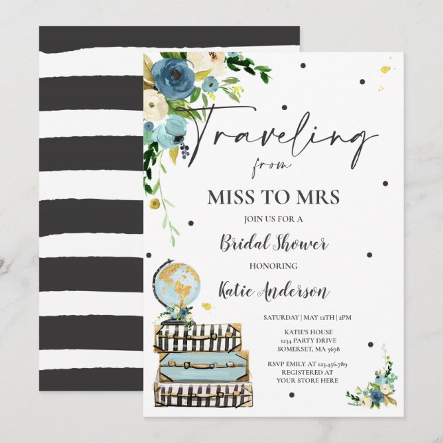 Reise von Miss zu Mrs. Brautparty Map Bride Einladung (Vorne/Hinten)