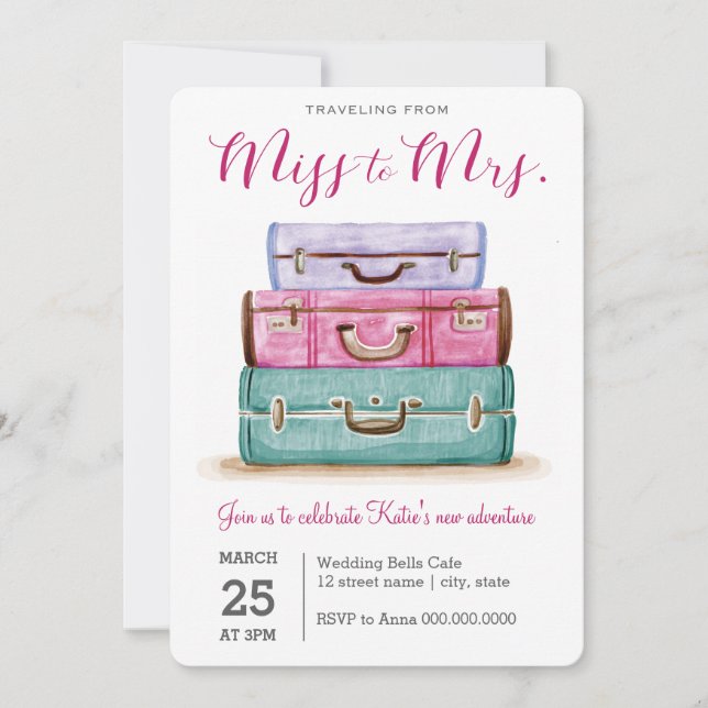 Reise von Miss zu Mrs. Pink Brautparty Einladung (Vorderseite)